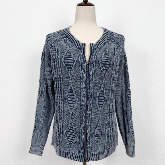 Pbj Blues Sweaters - Womens Fisherman Knit Zip Front Sweater Blue Textured Coastal Cardigan Layering